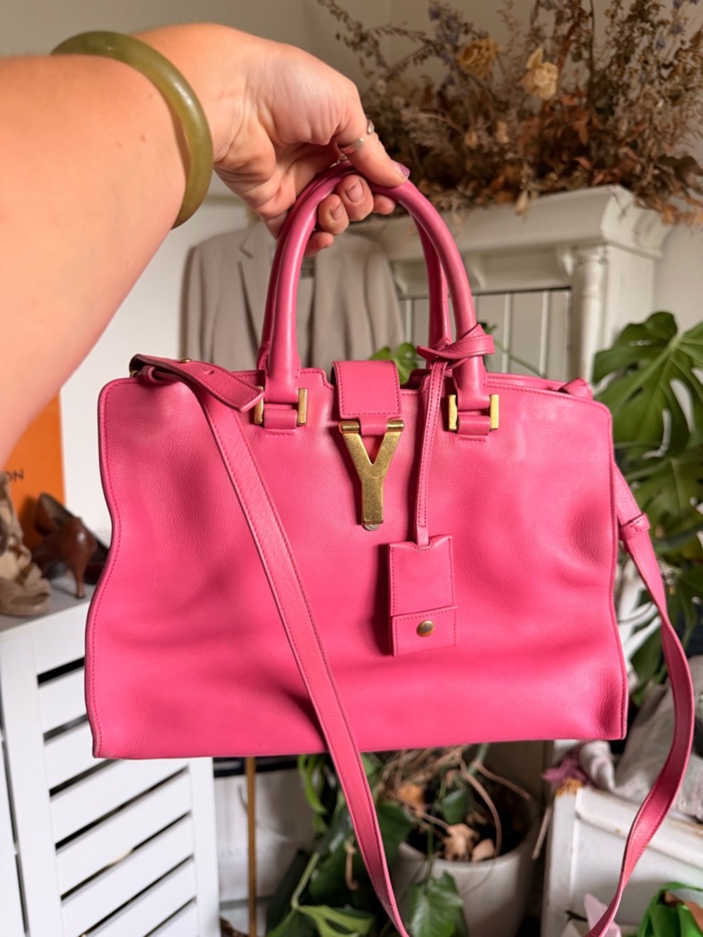 Pink Leather Satchel Handbag with Gold Hardware